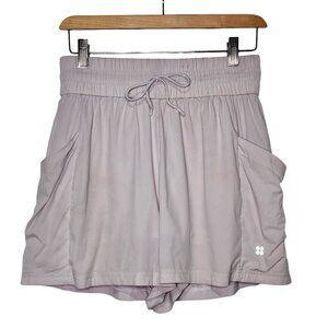 SWEATY BETTY Swift Running Shorts Drawstring Lined Pockets Cream/Pink Women 8/10